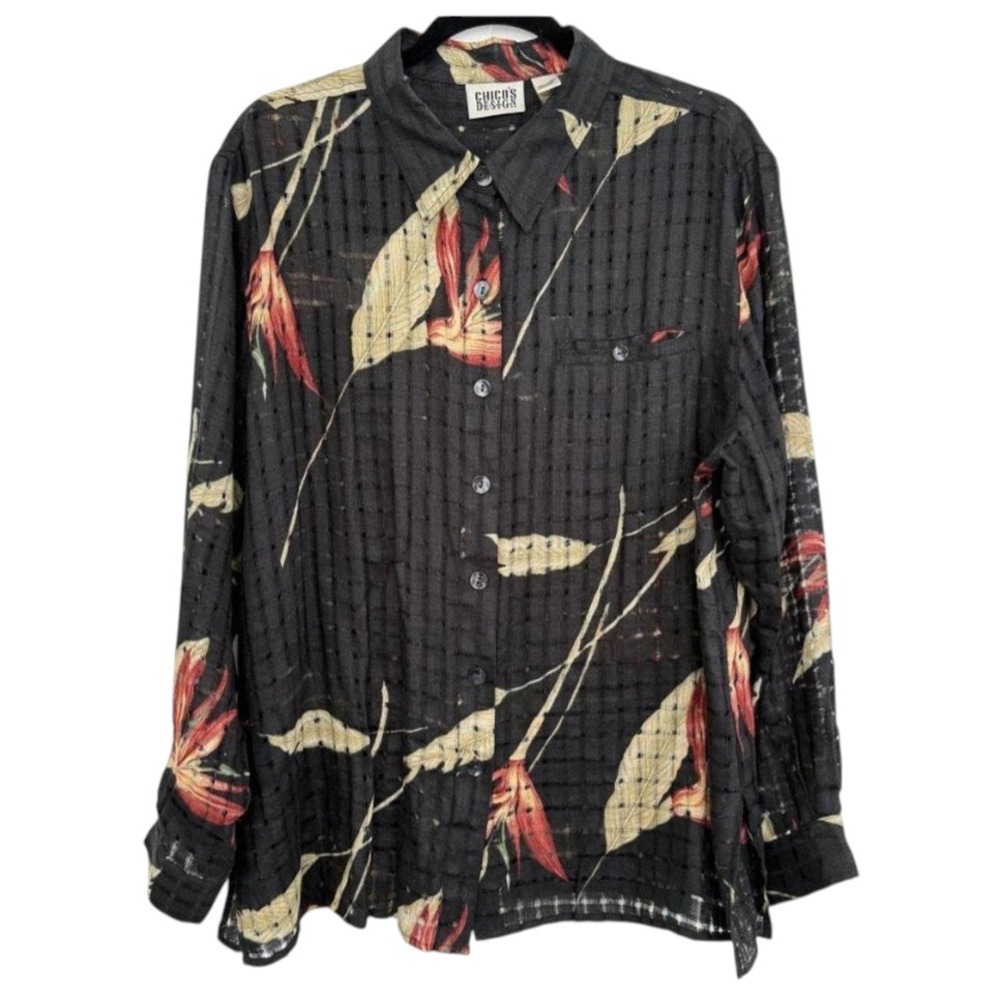 CHICO'S Black BIRD OF PARADISE Cut-Out LINEN Lagenlook BUTTON-UP Blouse/Top 3-XL